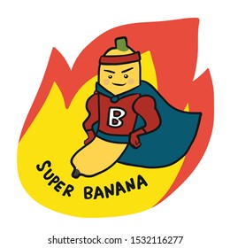 Super banana hero on fire cartoon logo vector illustration