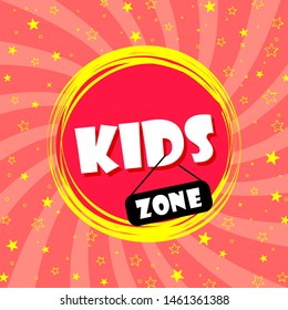 Super banner for the children's area in a cartoon style, with a background and asterisks. Place and area for gaming and fun. Poster for the decoration of the game room. Vector illustration.
