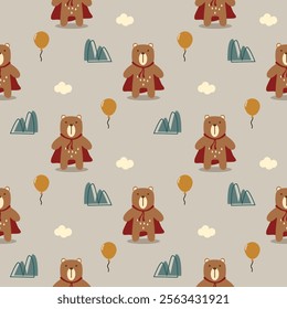 Super bear cartoon so cute. On tree mountain cloud background. Pattern seamless vector illustration. 