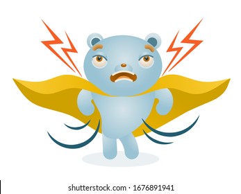 Super bear. Fantasy hero concept of a successful business man, assertiveness. The cartoon character in the yellow cloak is focused and angry. Isolated vector in 3d style on a white background.