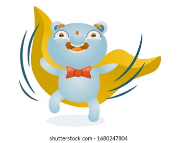 Super bear. Fantasy hero concept of successful business, goal achievement, success. Cartoon character in yellow cloak dances and celebrates victory. Isolated vector in 3d style on white background.