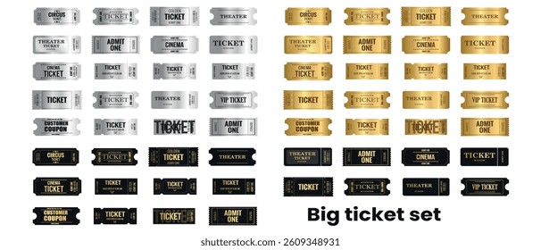 Super big collection of golden, silver, and black ticket templates on a white isolated background. Invitation-style tickets for casino, theater, cinema, movie, coupon, or voucher use.