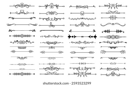 Super big collection of hand drawn text dividers. Vector calligraphic lines, vintage borders and wedding laurels. Vector isolated flourish ink elements