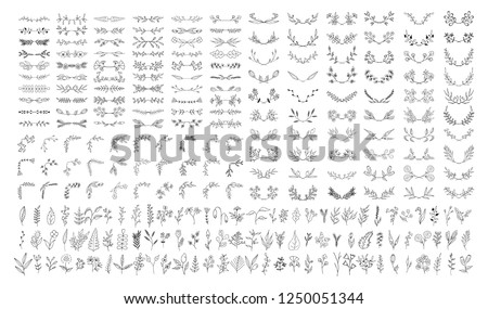 Super big collection of vintage hand drawn botanical borders, floral dividers, flowers and branches. Vector isolated elements. Wedding flourish laurel wreaths for invitation card.