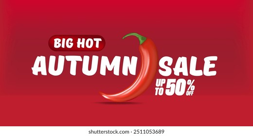 Super Big Hot Autumn sale horizontal banner with red chili cayenne pepper isolated on red background. Vector 3d horizontal seasonal Autumn hot sale poster, flyer, banner, tag and background.