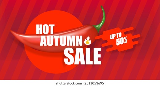 Anuncio Horizontal caliente estupendo de la venta del otoño con la pimienta roja de cayena del chile aislada en fondo rojo. Vector 3d Horizontal estacional Otoño caliente cartel de la venta, volante, Anuncio, etiqueta y fondo.