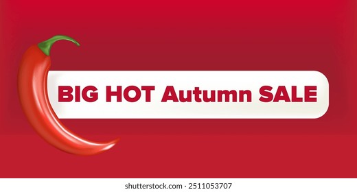 Anuncio Horizontal caliente estupendo de la venta del otoño con la pimienta roja de cayena del chile aislada en fondo rojo. Vector 3d Horizontal estacional Otoño caliente cartel de la venta, volante, Anuncio, etiqueta y fondo.