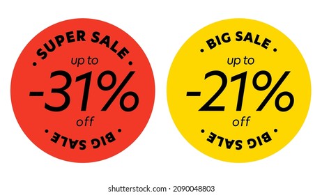 Super big sale up to 31 and 21 percent discount promotion. Round shaped sticker badge set with special clearance offer for price reduction vector illustration isolated on white background