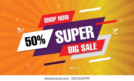 Super Big Sale 50% Off Limited Offer Shop Now with Eye-Catching Banner Templates Featuring Red, Orange, Purple, Black, White Gradient Sale Backgrounds and Modern Element Shapes for Stunning Designs