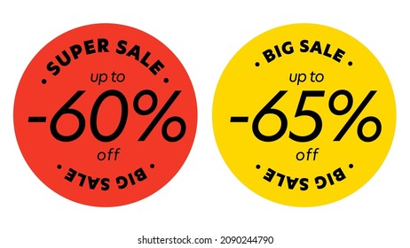 Super big sale up to 60 and 65 percent discount promotion. Round shaped sticker badge set with special offer for wholesale marketing shopping campaign vector illustration isolated on white background