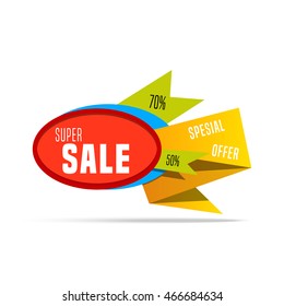 Super Big Sale 70% shining colorful banner sale on white background. Geometric design sale label. Super sale 50% tag and autumn sale special offer. Vector illustration advertising coupon for off sign.