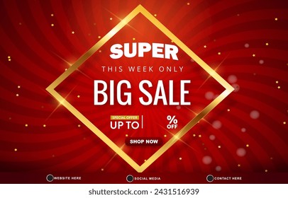 super big sale discount tempate banner with blank space 3d podium for product sale with abstract gradient red and golden background design