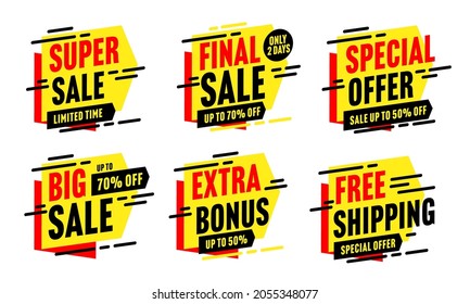 Super big sale, free shipping, final sale, extra bonus special offer. Discount sticker with up to 50 and 70 percent price off limited in time vector illustration isolated in white background