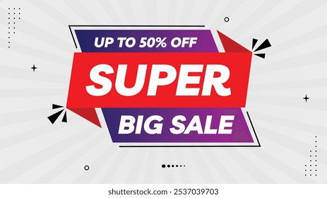 Super Big Sale Offer Up to 50% Off - Limited Time Sale Banner Template with Modern Element Shapes in Black, Purple, and White Gradient Background - Perfect for Eye-Catching Designs and Promotions