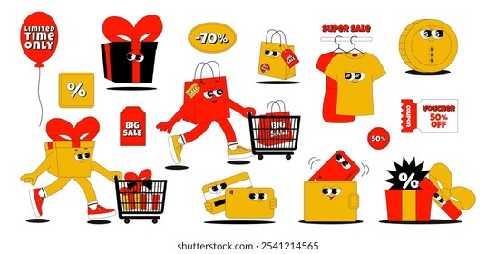 Super, grande venda temas adesivos conjunto. Engraçado retro caracteres caixa de presente, saco de compras, moeda, cartão e muito mais. Elementos de coleção para venda de loja, promoção, posts de mídia social. Característica Groovy no fundo branco