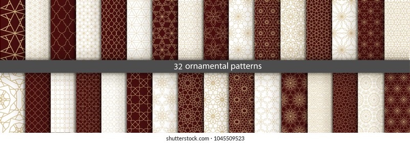 Super Big set of 32 oriental patterns. White and gold background with Arabic ornaments. Patterns, backgrounds and wallpapers for your design. Textile ornament. Vector illustration.