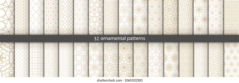 Super Big set of 32 oriental patterns. White and gold background with Arabic ornaments. Patterns, backgrounds and wallpapers for your design. Textile ornament. Vector illustration.