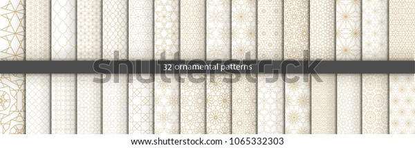 Super Big\
set of 32 oriental patterns. White and gold background with Arabic\
ornaments. Patterns, backgrounds and wallpapers for your design.\
Textile ornament. Vector\
illustration.