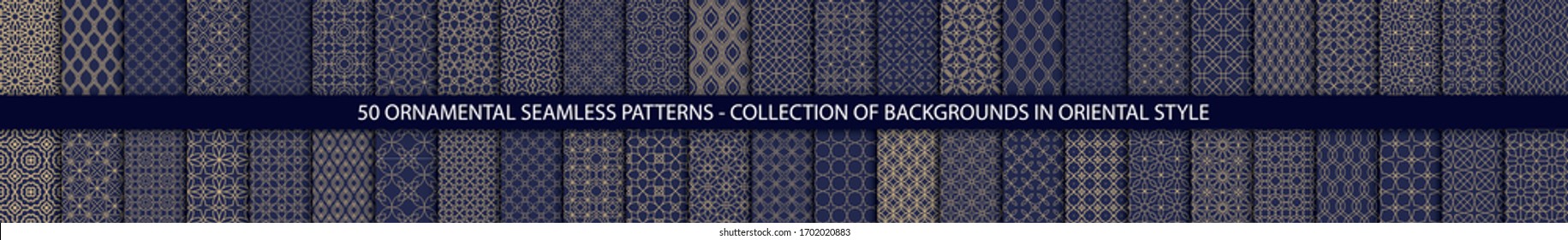 Super Big conjunto de 50 patrones orientales. Fondo azul oscuro y dorado con adornos árabes. Patrones, fondos y fondos de pantalla para su diseño. Rama textil. Ilustración vectorial.