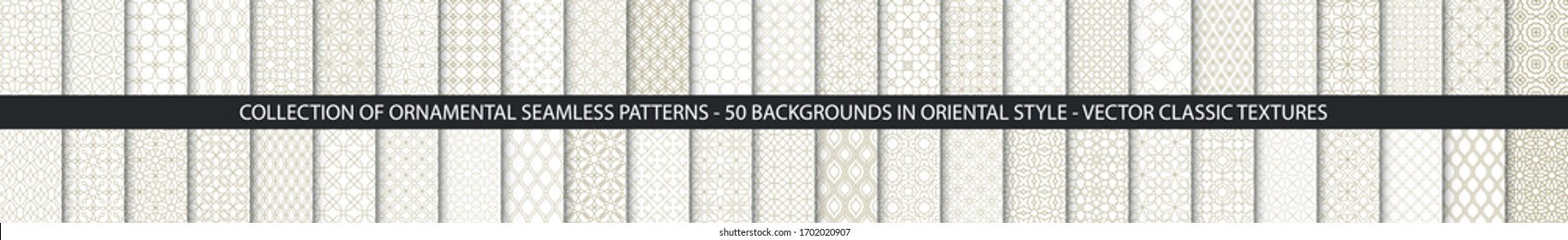 Super Big set of 50 oriental patterns. White and gold background with Arabic ornaments. Patterns, backgrounds and wallpapers for your design. Textile ornament. Vector illustration.