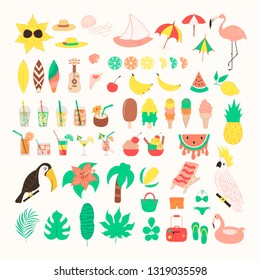 Super big set of cute summer objects. Fruits, pineapple, cocktail, palm tree, parrot, flamingo, ice cream, cocktails. Beach party vector elements.
