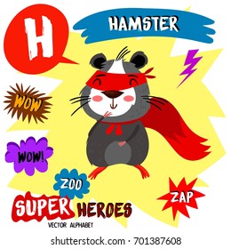 Super big set. Cute vector Zoo alphabet with animals in cartoon style.
Letter H-Hamster in superheroes costume.Comic Book Elements - stock vector