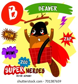 Super big set. Cute vector Zoo alphabet with animals in cartoon style.
Letter B-Beaver in superheroes costume.Comic Book Elements - stock vector