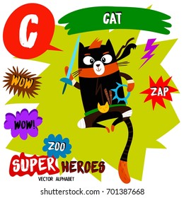 Super big set. Cute vector Zoo alphabet with animals in cartoon style.
Letter C-Cat in superheroes costume.Comic Book Elements - stock vector