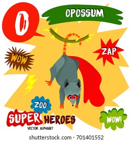 Super big set. Cute vector Zoo alphabet with animals in cartoon style.
Letter O-Opossum in superheroes costume.Comic Book Elements - stock vector