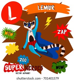 Super big set. Cute vector Zoo alphabet with animals in cartoon style.
Letter L-Lemur in superheroes costume.Comic Book Elements - stock vector