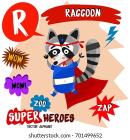 Super big set. Cute vector Zoo alphabet with animals in cartoon style.
Letter R-Raccoon in superheroes costume.Comic Book Elements - stock vector