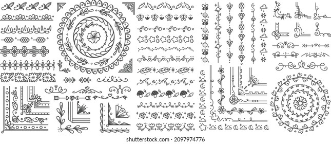 Un conjunto súper grande de borde dibujado a mano con flores.