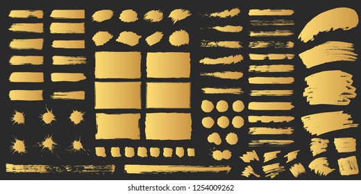 Super big set of hand drawn golden grunge torn box shapes. Vector isolated background. Edge rough frames. Distressed brush strokes, blots, borders and gold dividers.