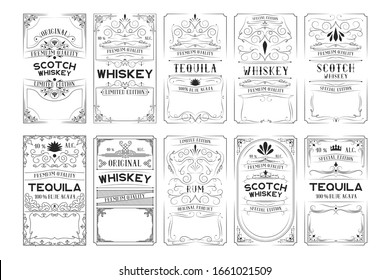 Super big set of scotch whiskey, tequila labels. Vintage alcohol frames for bottles with lettering. Borders for antique bar.