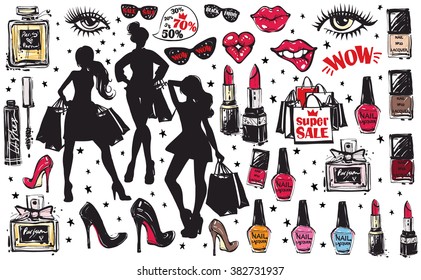 Super big vector glamour fashion sketch set in vogue style. Hand drawn graphic makeup, nail polish, lipstick model and accessories, sale bag shopping, cosmetics. Isolated elements on white background