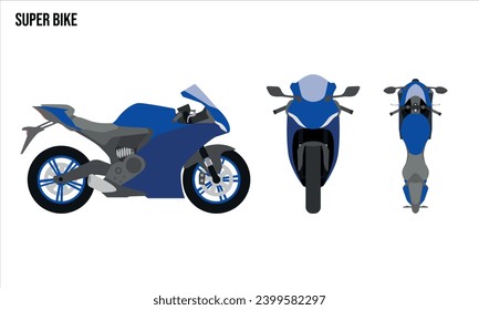 Ilustración de diseño de Super Bike Flat, Vehículos públicos , vista superior, vista lateral, vista frontal, aislado por fondo blanco