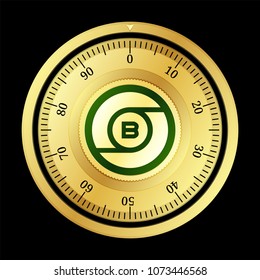 Super Bitcoin (SBTC) cryptocurrency safe lock. Eps10 vector illustration isolated on black background.