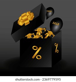 Super Black Friday Sale download. Realistic black gift boxes. Open a gift box full of gifts. Gold text inscription. New Year and Christmas design. Vector illustration
