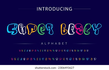 Super Black Funky colorful cartoon font type. Vector alphabet