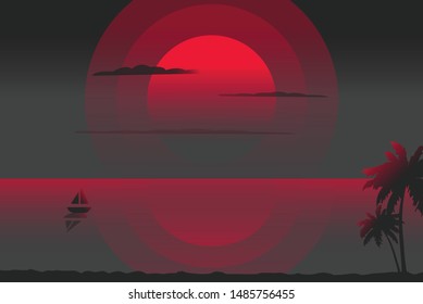 Super Blood Moon Over Ocean Night Stock Vector Royalty Free