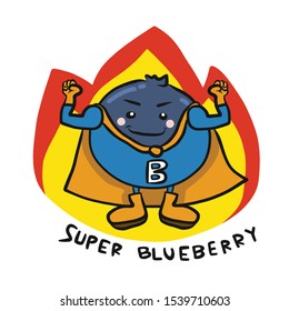 Super Blueberry hero on fire cartoon logo vector illustration