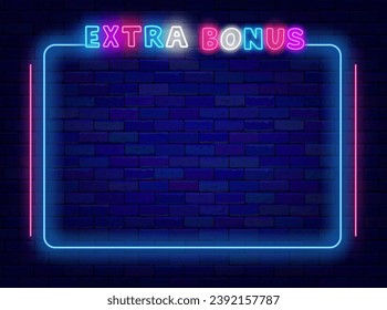 Super bonus neon advertising. Multicolored handwritten text. Winning surprise. Striped blue border. Free trial. Holiday celebration. Glowing banner. Copy space. Bright flyer. Vector stock illustration