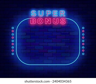 Super bonus neon advertising. Winning surprise. Vintage blue border. Free trial. Holiday celebration. Glowing banner. Copy space. Bright flyer. Editing text. Vector stock illustration