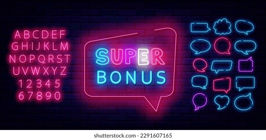 Super bonus neon announcement. Handwritten text. Speech bubbles frames set. Simple colorful typography. Luminous pink alphabet. Special offer on brick wall. Winner and bingo. Vector stock illustration