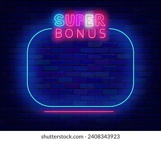 Super bonus neon announcement. Winning surprise. Ellipse blue border. Free trial. Holiday celebration. Colorful handwritten text. Glowing banner. Copy space. Editing text. Vector stock illustration