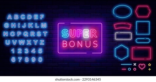 Super bonus neon label. Handwritten multicolored text. Various frames set. Simple typography. Luminous blue alphabet. Special offer on brick wall. Winner and bingo. Vector stock illustration