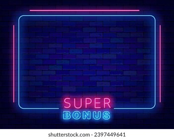 Super bonus neon poster. Winning surprise. Minimal blue border with lines. Free trial. Holiday celebration. Glowing advertising. Copy space. Bright flyer. Editable stroke. Vector stock illustration