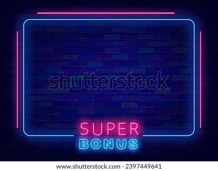 Super bonus neon poster. Winning surprise. Minimal blue border with lines. Free trial. Holiday celebration. Glowing advertising. Copy space. Bright flyer. Editable stroke. Vector stock illustration