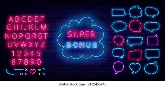 Super bonus neon sign in comics cloud. Speech bubble collection and shiny pink font. Casino and winning concept. Holiday design. Promotion template. Glowing effect banner. Vector stock illustration