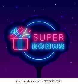 Super bonus neon street billboard. Circle frame with present. Luminous outdoor advertising. Glowing logo. Special offer concept. Winner and bingo banner. Vector stock illustration